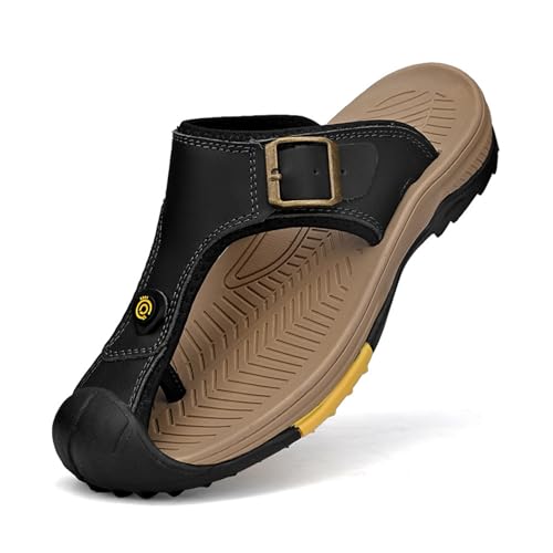 VSGNISMGT Men'S Leather T-Strapy Casual Beach Flip Flops With Toe Protection Design Fashion Platform Arch Support Slip On Closed Toe Thong Walking Hiking Sandals Summer Sports Sandals (9,Black)