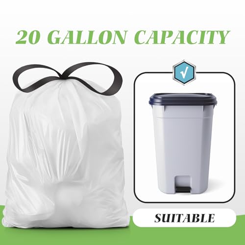 Image of Teivio 20 Gallon 60 Counts (fit 18-20 Gal) Large Drawstring Trash Bags Strong Tall Kitchen Compactor Bags Garbage Bags for Home /Office /Light Residential Waste /Outdoor Trash Can, Lawn,Trash Bags White