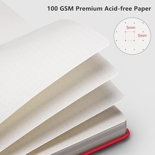 Image of RETTACY Dotted Journal Notebook, 192 Pages, A5 Medium Size (5.7'' x 8.3'') | Leather Hardcover, 100 GSM Thick Paper, for Journaling, Planning, Tracking (Red)