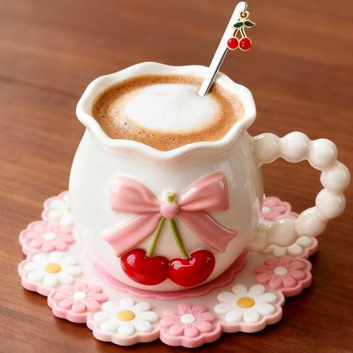 Disoza Bow Cherry Coffee Mug Coquette Porcelain Coffee Tea Cup 11.5 OZ White Ceramic Coffee Cup Bow Cute Mug for Women Girl