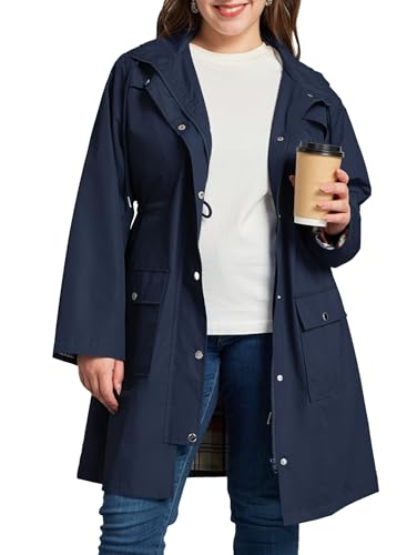 Kikibell Plus Size Rain Jackets for Women Raincoats Waterproof Windbreaker Jacket Hooded Outdoors Trench Coat with Pockets