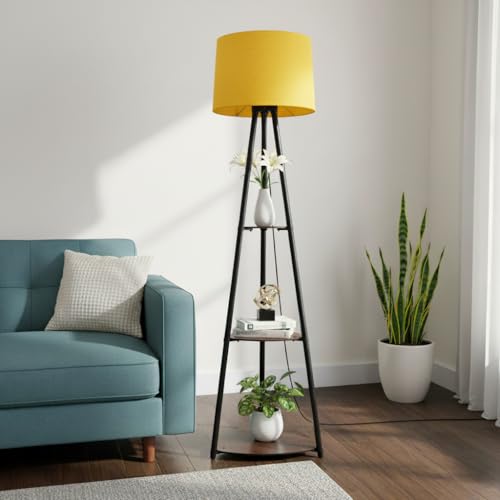Image of Tripod Metal Floor Lamp with Shelves Stylish Standing Lamp for Living Room Decoration Bedroom Corner Stand Aesthetic Home Decor (Fresh Yellow) LED Bulb Included