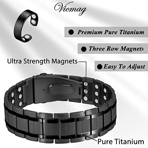 Vicmag 3X Ultra Strength Magnetic Bracelet For Men Titanium Steel Bracelet Magnets With Adjustment Tool & Jewelry Gift Box Folding Buckle (Black) #TOP4