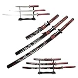 Decorative Samurai Sword Set, 3-Piece Collection with Stand, Black Scabbards, Red Wrapped Handles