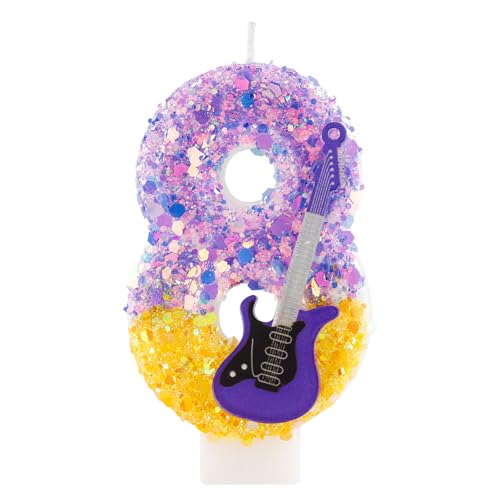 Kpop Birthday Candle,Number 8 Birthday Candle, Purple Glitter Guitar Themed Cake Topper for K-Pop Fans, Music Lovers, 8th Birthday Party Decorations