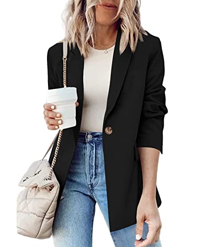 Women Casual Blazer Jackets Long Sleeve Open Front Lapel Collar Work Office Blazers With Pockets Black #TOP18