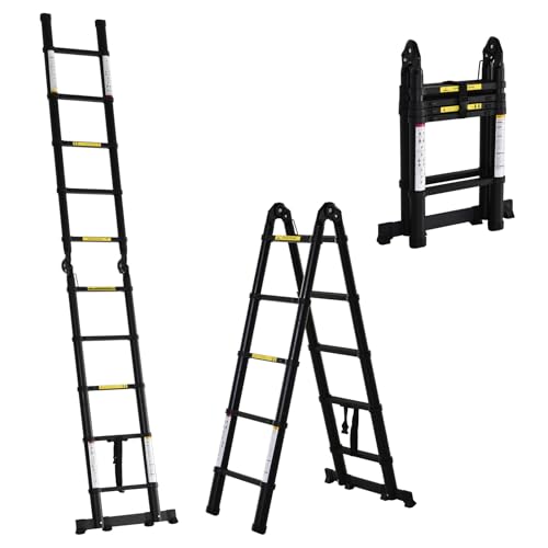 DURHAND 3.2m/10.5ft Telescopic Ladder, Extendable Aluminium Ladder with Anti-slip Pedals, Multi-purpose Portable Foldable 10 Step Ladder, 150kg Capacity, EN131, Black