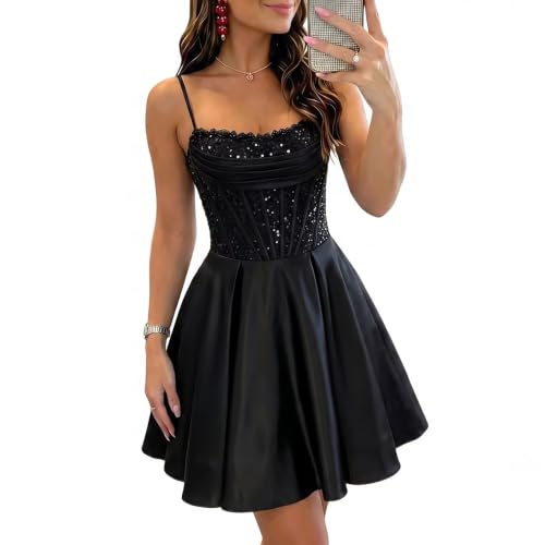 BABYONLINE D.R.E.S.S. Satin Sequin Homecoming Dress Spaghetti Straps A Line DAMA Dresses Short HOCO Dresses Black, XS