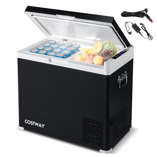 COSTWAY Portable Car Refrigerator, 53-Quart Dual-Zone Electric Cooler with Independent Temperature Control -4?~68?, 12/24V DC & 110-240V AC, ECO/MAX Mode, Car Fridge Freezer for Camping Travel, Black