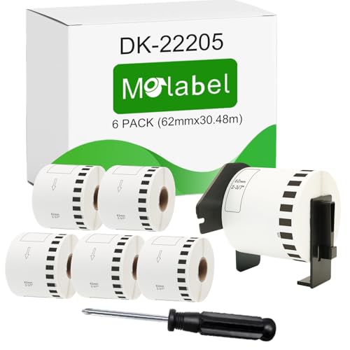 Molabel Étiquettes d'adresse DK-22205 (DK22205), 6 rouleaux (sans fin), y compris 1 poignée amovible et tournevis droit, compatibles avec les imprimantes Brother P-Touch.