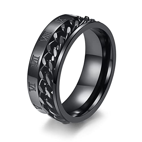 Mesnt Bague pour Homme, Bague de 8MM Chiffres Romains Chaîne rotative en Acier Inoxydable pour Homme Noir, Taille 54