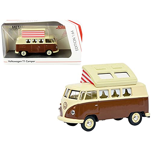 VW T1 Camper Bus with Pop-Top Roof Brown and Cream 1/64 Diecast Model by Schuco 452026600