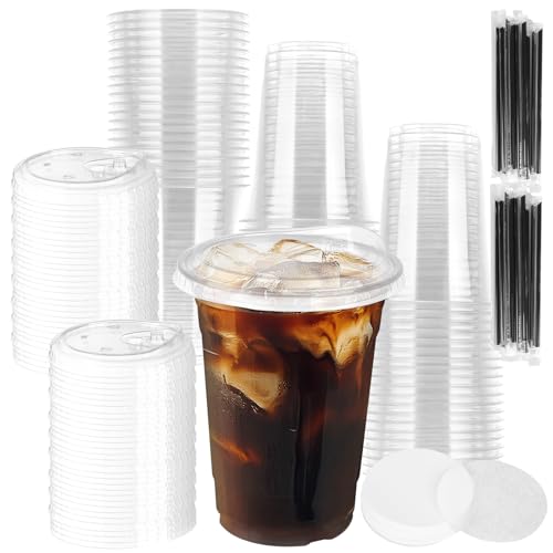 RISF 60 vasos de plástico con tapas, taza de café helado reutilizable de 17 onzas, taza de batidos con tapas para sorber, popotes, papel a prueba de fugas, tazas transparentes para llevar para bebidas