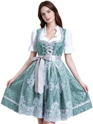 Aurasky Dirndl Damen, Trachtenkleid Damen Grün, inkl. Trachtenrock Dirndlbluse Spitzenschürze 3 teilig, für Party