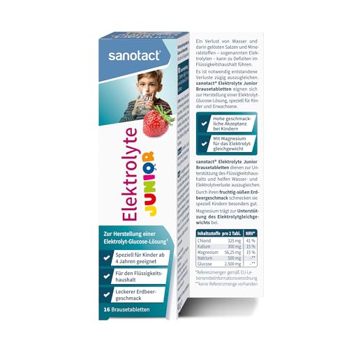 sanotact Elektrolyte Junior (16 Brausetabletten) • Elektrolyte für Kinder bei Durchfall, bei Hitze, auf Reisen • Zur Unterstützung des Flüssigkeitshaushalts • Erdbeer-Geschmack