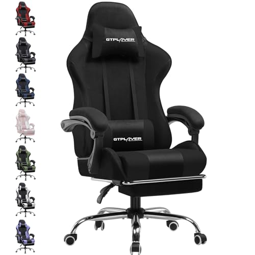 GTPLAYER Gaming Stuhl Stoff, Bürostuhl Massage Gaming Sessel Ergonomischer Gamer Stuhl mit Fußstütze, Kopfstütze Massage-Lendenkissen, Gepolstert Gaming Chair, Drehsessel, schwarz