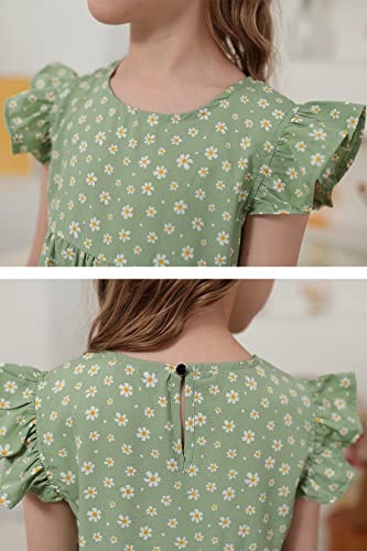 Gorlya Girls Floral Print Ruffle Sleeve Tiered Loose Fit Pleated Swing Midi Dress 4-14T (Gor1113,Greenflower,14Y) #TOP4