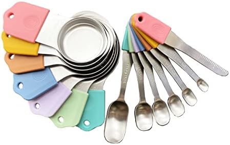 Portable Magnetic Stainless Steel 14pcs Measuring Cups and Spoon Set,St.St.Stackable 7 Measuring Cups and 6 Measuring Spoons with 1 Leveler for Dry and Liquid Ingredients,Dishwasher Safe(Multi-color)