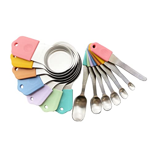 Portable Magnetic Stainless Steel 14Pcs Measuring Cups And Spoon Set,St.st.stackable 7 Measuring Cups And 6 Measuring Spoons With 1 Leveler For Dry And Liquid Ingredients,Dishwasher Safe(Multi-Color) #TOP2