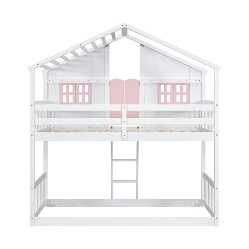 MERITLINE House Bunk Bed Twin Over Twin for Kids, Wood Bunk Beds with Roof, Windows, Window Box and Small Door, Floor Bunkbeds with Ladder and Guard Rails for Girls Boys, Pink+White