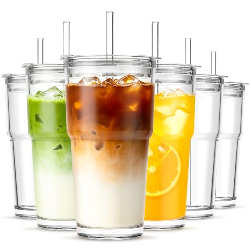 INSETLAN 20 oz Iced Coffee Cups with Lids and Straw, Set of 6 Glass Tumbler