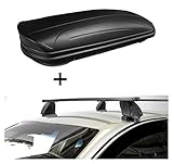 Dachbox 320 Liter 136 x 77 x 33,5 cm (L x B x H), schwarz matt + 2 Dachträgerstangen aus Stahl, Maße: 1300 x 30 x 20 mm (L x B x H)