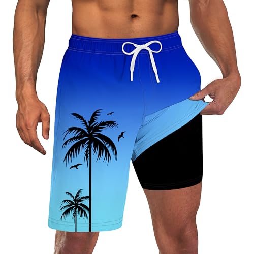 Goodstoworld Mens Bathing Suit Men 9 Inch Swim Swimming Trunks with Compression Liner Men's Blue Hawaiian Board Short Swimwear Swimsuit