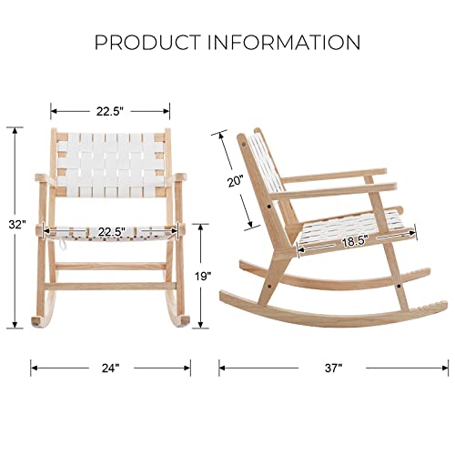 Lzareal Woven Rocking Glider Chair For Relax, Rocker Chair For Living Room/Bedroom/Balcony, Modern Solid Swivel Patio Chairs Wood Side Rocker Chair With Faux Leather Straps, White #TOP2