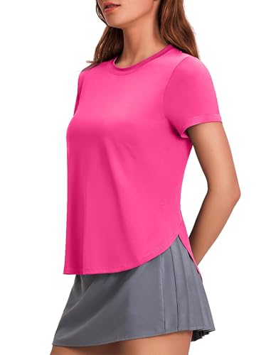 PINSPARK Womens Workout Tops UV Protection Sport Tops Short Sleeve Yoga Shirts Gym Shirts Loose Fit Sport Top Rose Red S