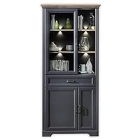 Stella Trading JASMIN Große Vitrine in Artisan Eiche Optik, Graphit - Vitrinenschrank mit LED-Beleuchtung und viel Stauraum im Landhausstil - 93 x 204 x 42 cm (B/H/T)