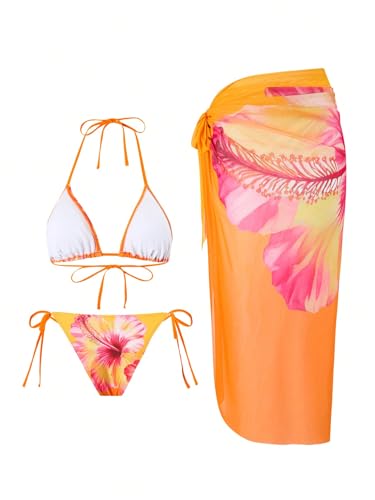 Image of ZAFUL Women's 3 Piece Swimsuit Floral Halter Triangle String Bikini Tie Side Bottom with Boho Cover Up Skirt