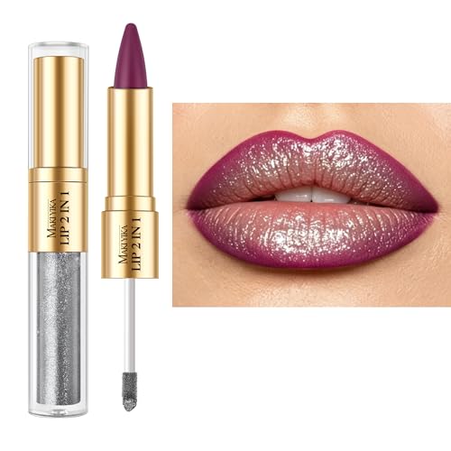 MAKI YIKA Purple Lip Liner Silver Lip Gloss Combo for Women 2in1 Long Lasting Lipsticks for Ombre Lips Waterproof Lipliner Lipstick Vegan Cruelty Free,LGA05