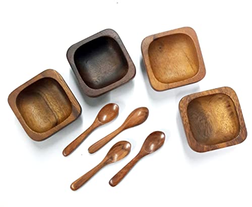 Dolphin Shop Acacia Square Wooden Bowl Tiny Size 3 X 1.4 Inch Handmade Set Of 4 (Free 4 Wood Spoons) For Condiments Dip Salt Nuts Snack Honey Cream Sugar Sauce Salsa Mustard Jelly #TOP6