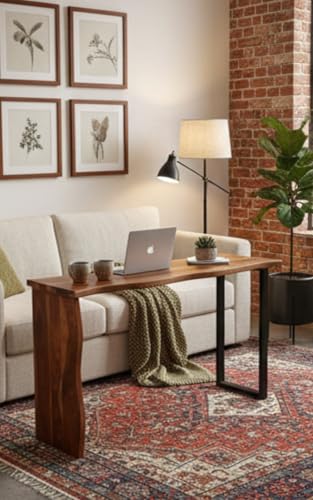 Image of Wood ForeverSheesham Wood Console Table for Living Room | Entryway Sofa & Fish Tank Table | Narrow Side Stand with Straight Top Panel Legs | Wooden Accent Furniture for Home Decor |Light Walnut Finish