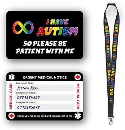 Autism Awareness Medical Card, Autism Card with Writable Panel and Patterned Lanyard, Autism Emergency Contact Card. (Autism Card & Autism Lanyard)