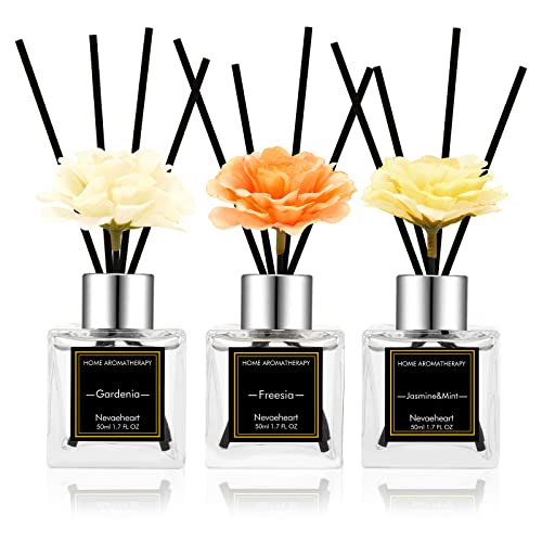 Nevaeheart Flower Reed Diffuser, Freesia/Gardenia/Jasmine Mint, 1.7Oz X 3 Packs Reed Diffuser Set, Oil Diffuser Sticks, Home Fragrance, Fragrance Diffuser With Gift Box #TOP9