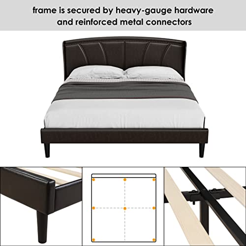 Full Bed Frame Faux Leather Upholstered Platform Bed With Wingback Headboard|Modern Rivets|Scallop Trim, Heavy Duty Wood Slat Support Mattress Foundation(No Box Spring Needed), Espresso (Near Black) #TOP4