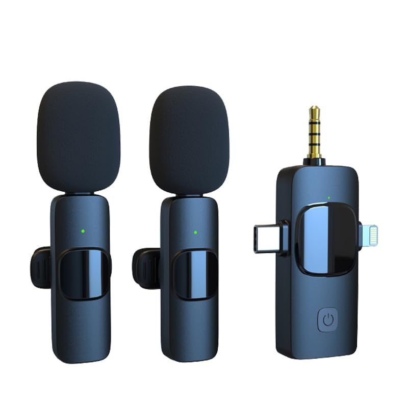 Dual Microphone Design - Wireless Lavalier Microphone compatible with iPhone, Laptop, Computer, Android Phone, Camera – 3 in1 Wireless Receiver+2 Microphones for Podcast, Video Recording (3in1+2mics)