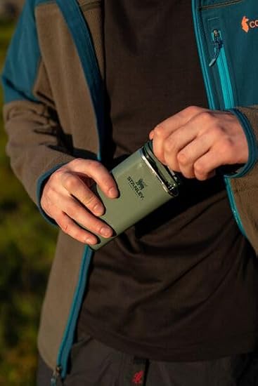 Stanley Classic Easy Fill Wide Mouth Flask 8 oz | Leakproof Hip Flask | Hinge Connected Never Lose Cap | Insulated Stainless Steel Liquor Container | BPA-Free | Hammertone Black