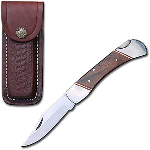 Rtek 5" Wood Handle Folding Pocket Knife with Leather Sheath | Lockback Traditional Folding Knife for Outdoor, Hunting, Camping and EDC (Wood Handle)