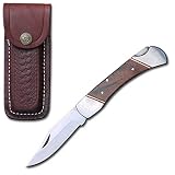 Rtek 5" Wood Handle Folding Pocket Knife with Leather Sheath | Lockback Traditional Folding Knife fo