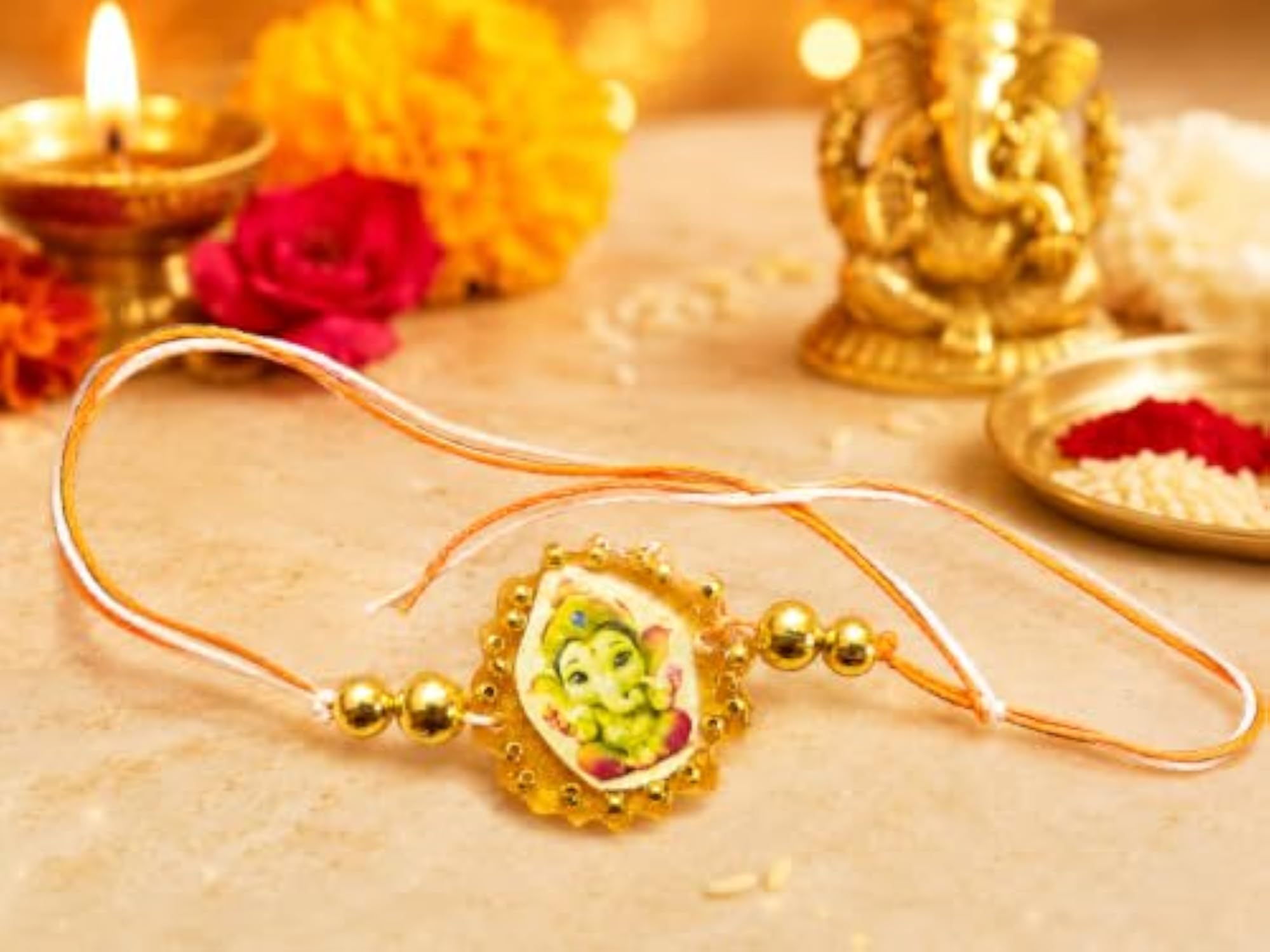 Ganesha Rakhi with Gold Beads and Orange Thread, Raksha Bandhan Gift