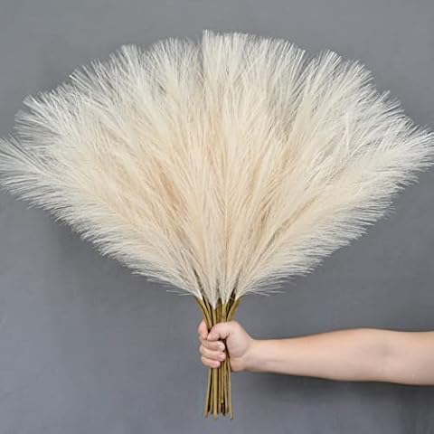 FOTEEWL 12PCS Faux Pampas Grass 24"/61cm Artificial Pompous Grass Fake Pompass Branches Vase Filler Flower Arrangement for Home,Living Room, Kitchen, Wedding,Boho Decor (Cream/Beige) Cover