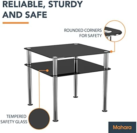mahara Chrome & Black Side Table/End Table with Shelf -Tempered Safety Glass Coffee Table - Small Table W60cm x D60cm x H55cm - Small Side Table Living Room Furniture/Office Furniture