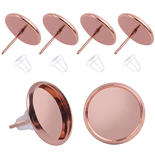 BronaGrand 50 Pieces Stainless Steel Stud Rose Gold Earring Cabochon Setting Post Cup for 12mm and 50 Pieces Clear Rubber Earring Safety Backs