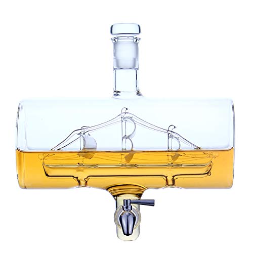 Foto von Whisky-Dekanter mit 2 Whiskygläser 320ml, hochwertige Whisky-Karaffe mit Segelschiff 1000ml mit hochwertigen Holzständer und Edelstahlhahn, bleifreier Dekanter, ideal als Geschenkidee für Männer
