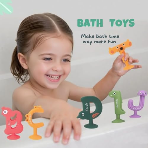 26PCS Alphabet Bath Letters for Kids Ages 1-3, Silicone Suction Cup Bath Toys for Baby andToddlers 3 Months and up, Educational Spelling and Matching Game for Bathtub and Travel Use (26)