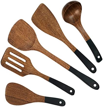 Wooden Spoons for Cooking 5 Piece Kitchen Utensils Set Natural Wenge Wood Spatula Heat Resistant Non-Stick Pan Cookware Healthy Durable Easy to Clean Reusable (38-Big02)