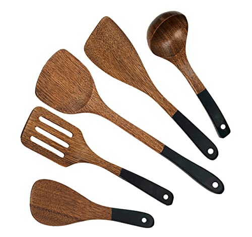 Wooden Spoons For Cooking 5 Piece Kitchen Utensils Set Natural Wenge Wood Spatula Heat Resistant Non-Stick Pan Cookware Healthy Durable Easy To Clean Reusable (38-Big02) #TOP30