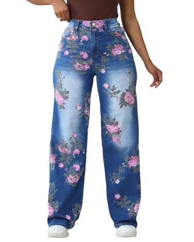 High Waisted Straight Leg Jeans for Women Trendy Floral Print Stretchy Distressed Baggy Denim Pants